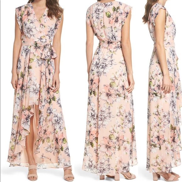 Eliza J Floral Ruffle High Low Maxi Dress